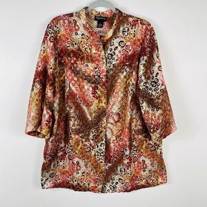 Maggie Barnes Plus Size 0X 14 16 Printed Sheer Button Blouse Top